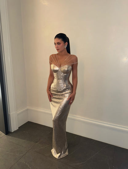 Strappy Bustier Sequin Maxi Dress Silver HV2925