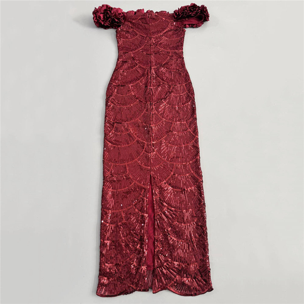 Floral Bardot Sequin Maxi Dress Burgundy HV3095