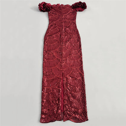 Floral Bardot Sequin Maxi Dress Burgundy HV3095