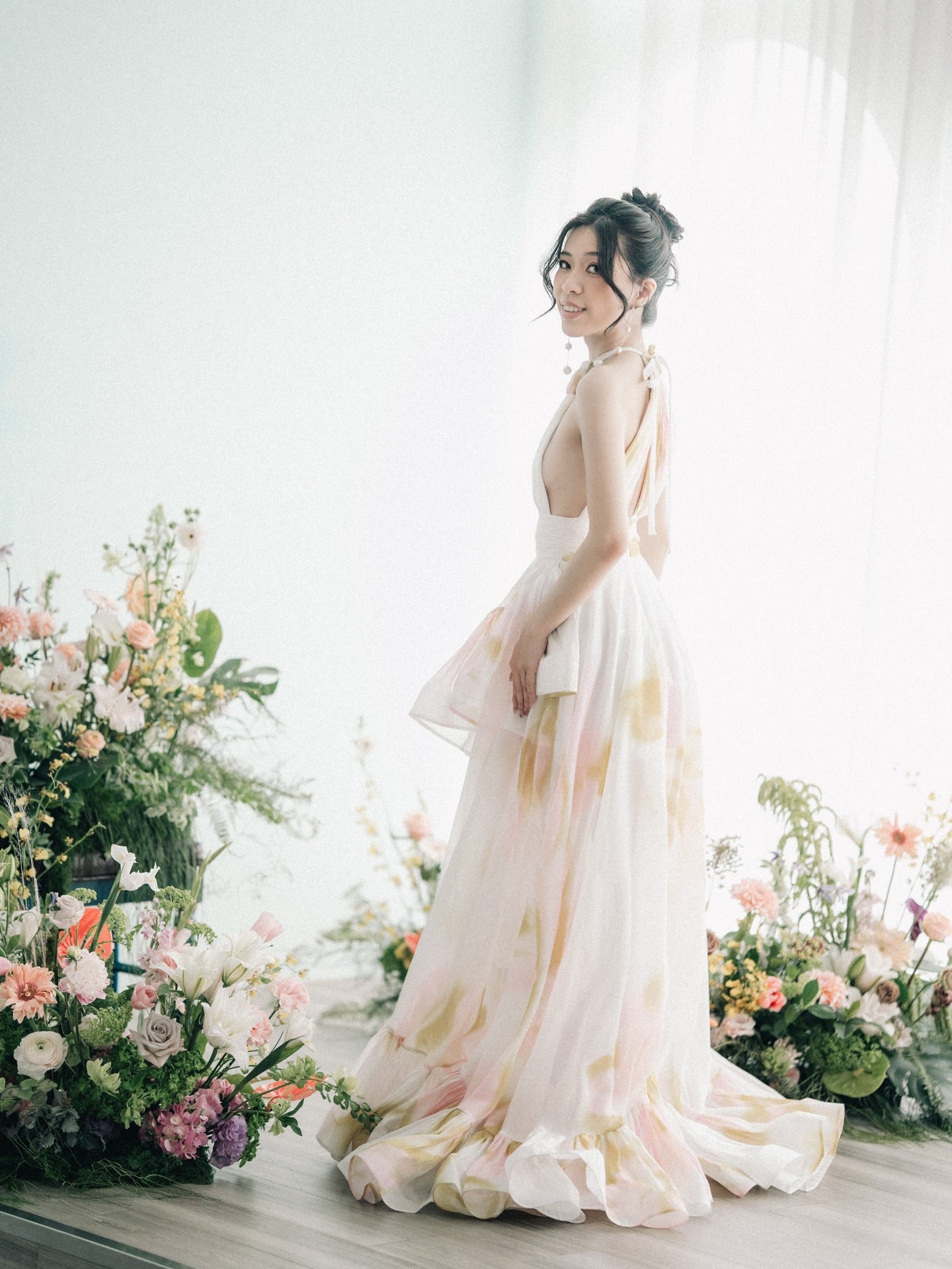 Halter Floral Ruffle Maxi Dress Pink Yellow HV3140