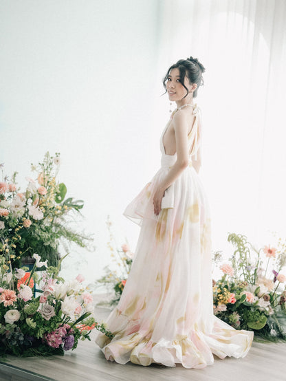 Halter Floral Ruffle Maxi Dress Pink Yellow HV3140