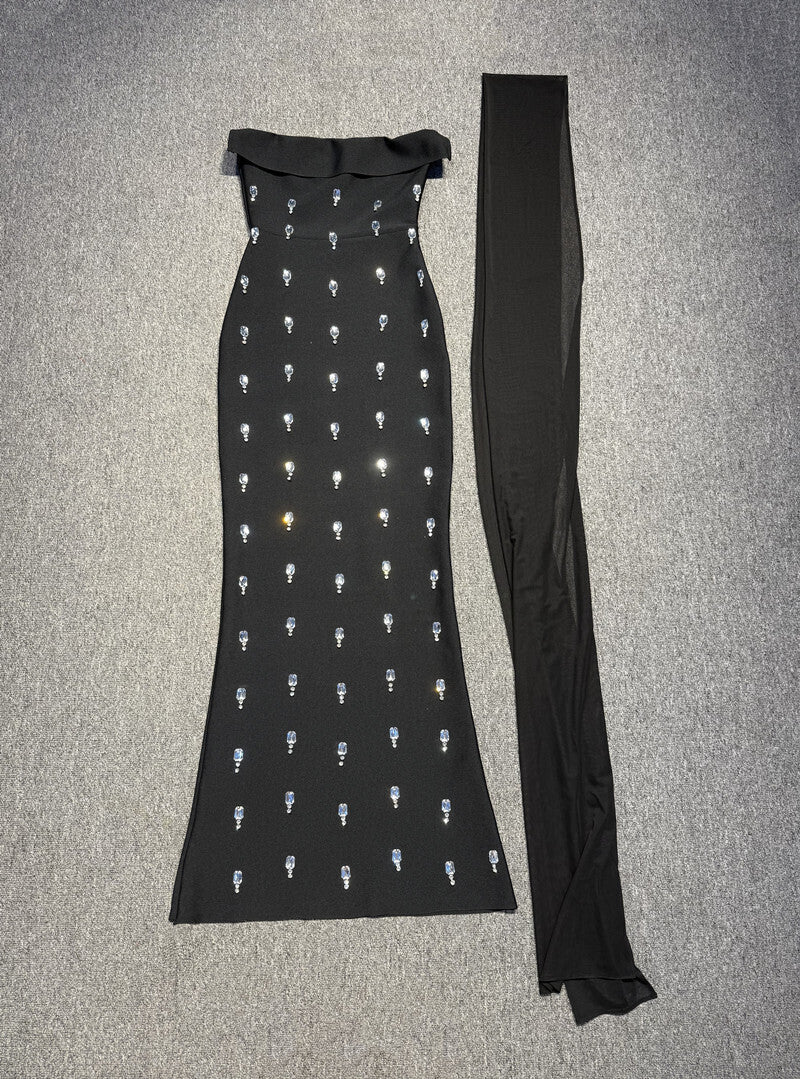 Strapless Crystal Detail Scarf Maxi Dress Black HV2342