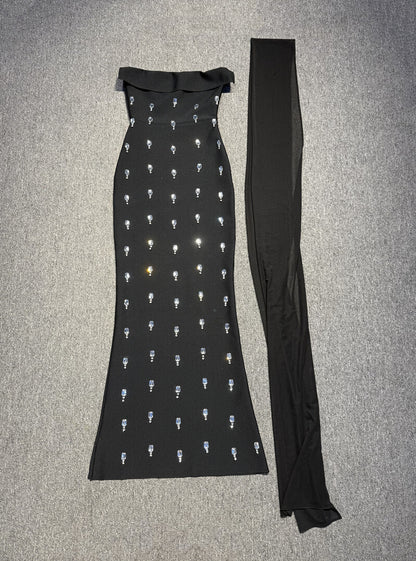 Strapless Crystal Detail Scarf Maxi Dress Black HV2342