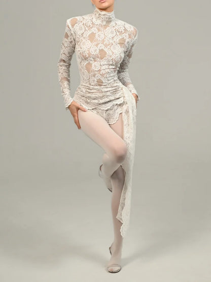 Long Sleeve Draped Lace Bodysuit White HV1546