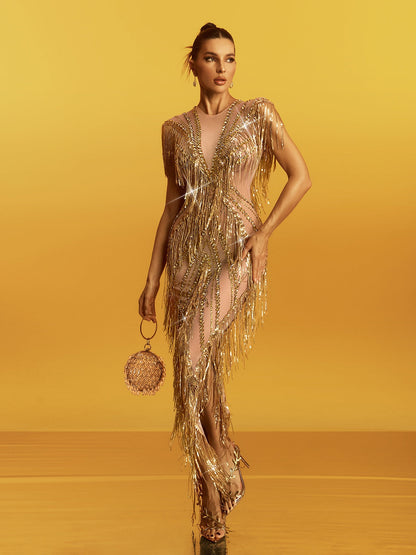 Crystal Tassel Mesh Maxi Dress Gold HV3091