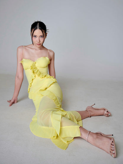 Ruffle Detail Bustier Maxi Dress Yellow HV0025