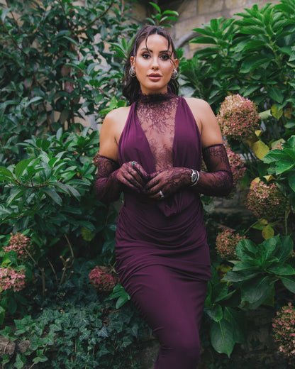 Halter Lace Insert Maxi Dress Plum HV1930