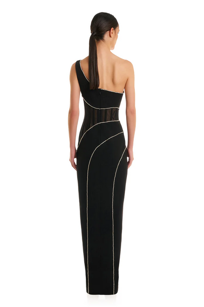 One Shoulder Structured Mesh Maxi Dress Black