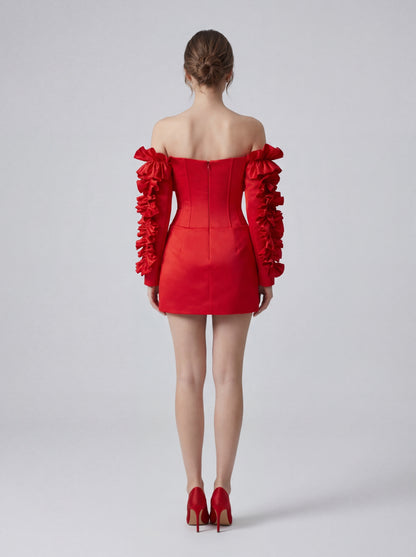 Long Sleeve Bardot Ruffle Dress Red HV2910