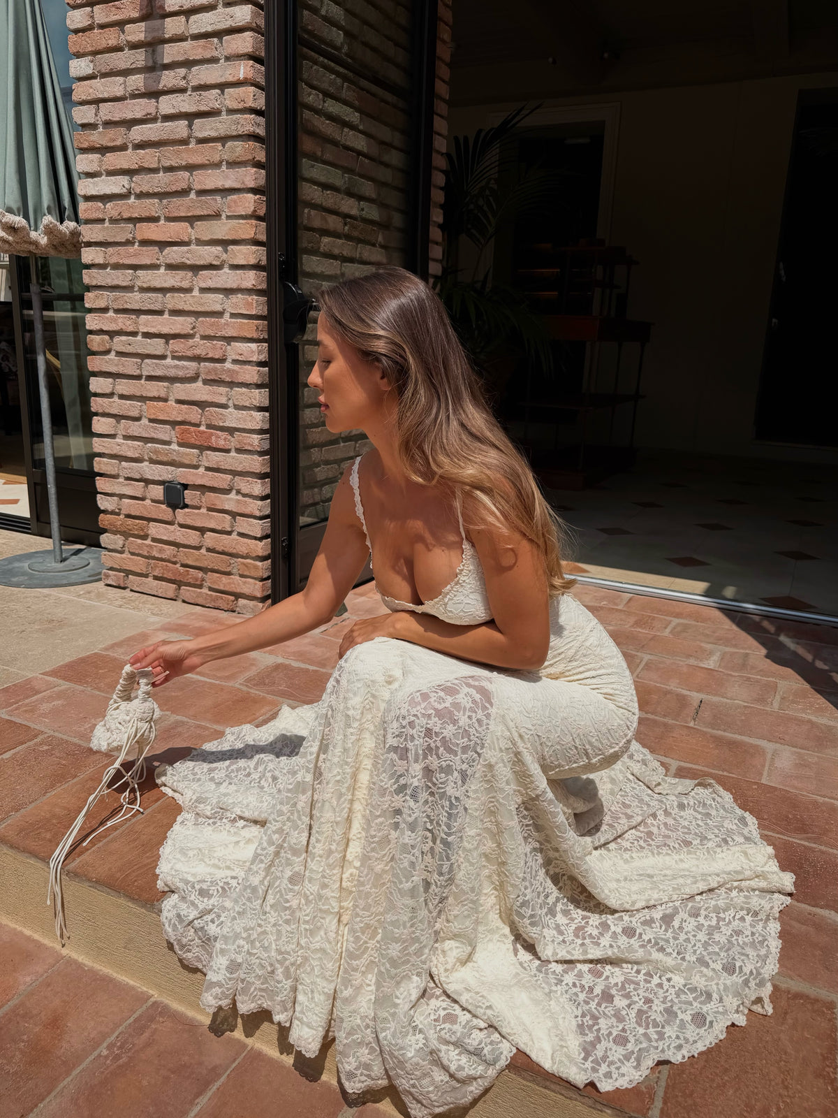 Strappy Lace Maxi Dress Ivory HV0161