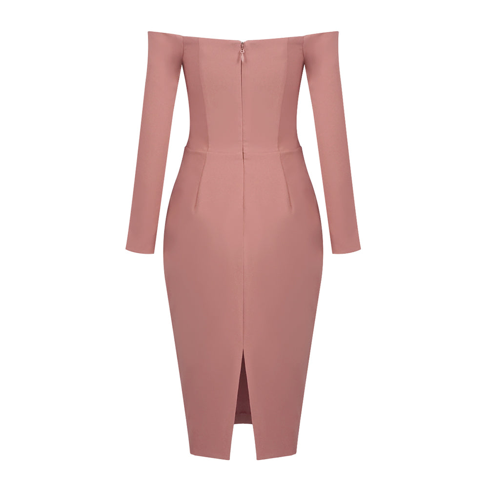 Long Sleeve Draped Bardot Midi Dress Pink HV0001