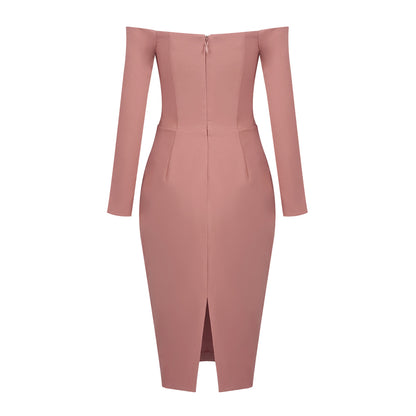 Long Sleeve Draped Bardot Midi Dress Pink HV0001