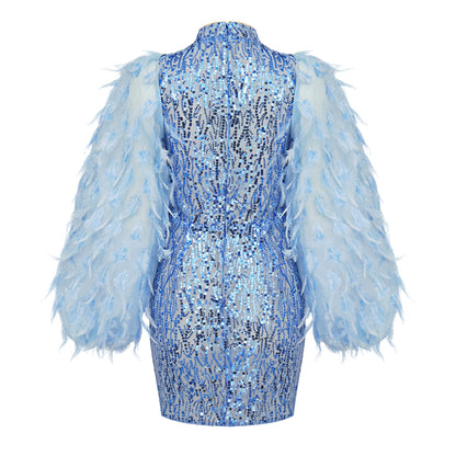 Feather Sleeves Sequin Dress Blue HV9860