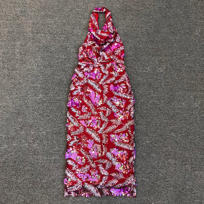 Halter Floral Sequin Midi Dress Hot Pink HV1618