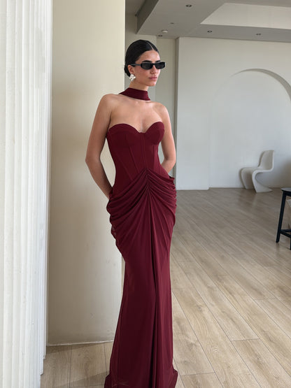 Strapless Draped Maxi Dress Burgundy HV2692