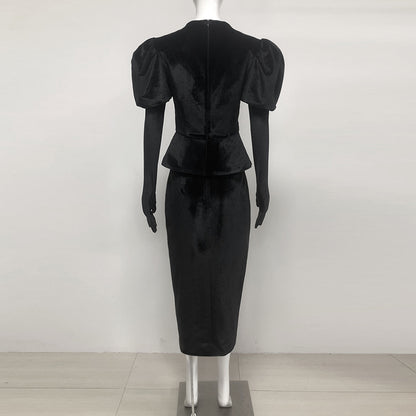 Short Sleeve Crystal Bow Midi Two Piece Velvet Dress Black HV2097