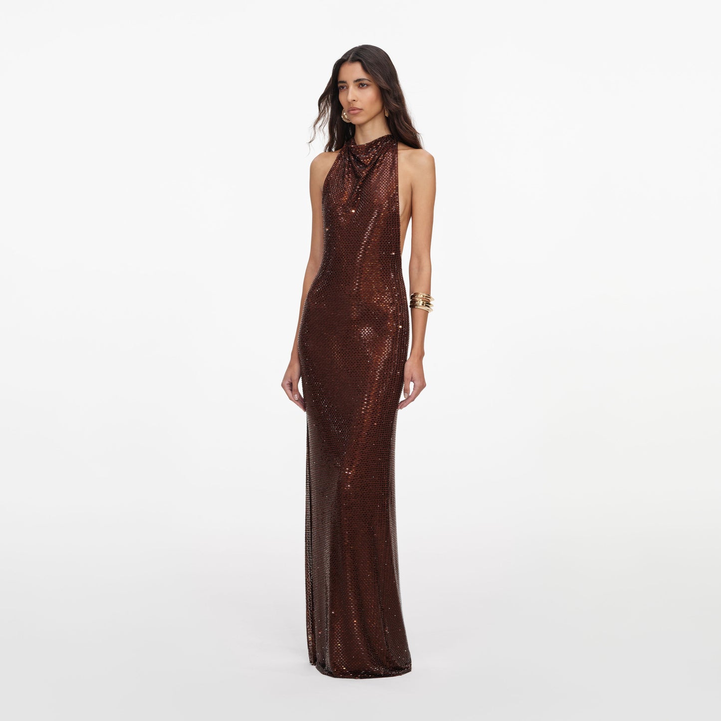 Draped Neckline Sparkly Maxi Dress Brown HV3105