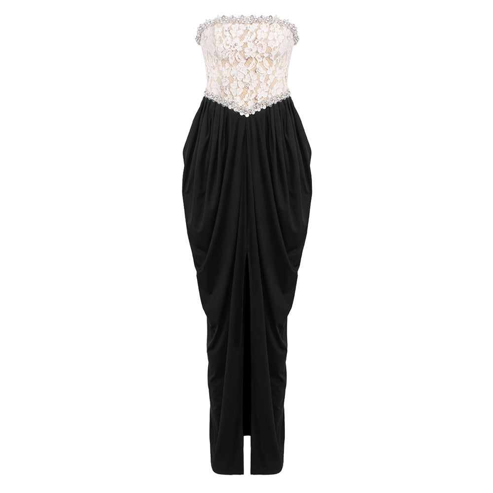 Strapless Crystal Lace Corset Maxi Dress Black White HV0039