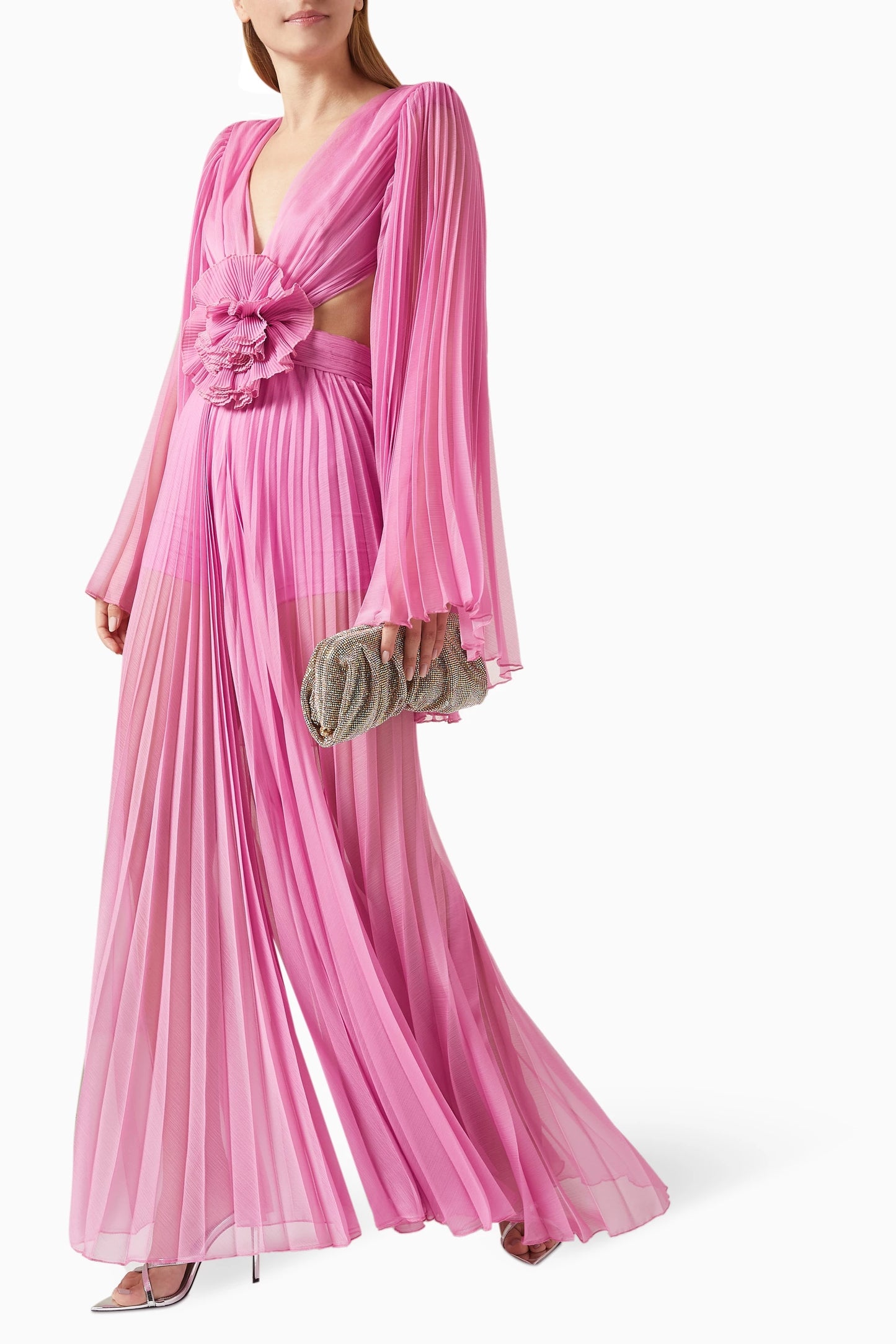 Long Sleeve Pleated Floral Jumpsuit Hot Pink HV1525