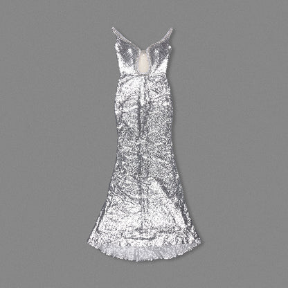 Strapless Crystal Sequin Maxi Dress Silver HV1886