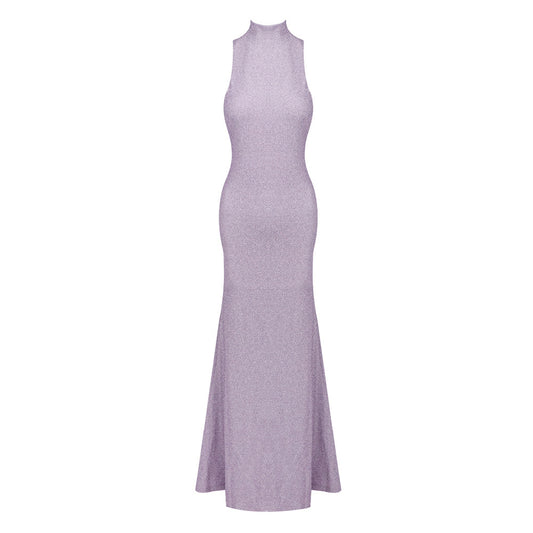 Sparkly Backless Floral Detail Maxi Dress Lavender HV2672