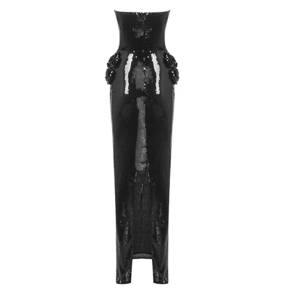 Strapless Sequin Floral Detail Maxi Dress Black HV2063