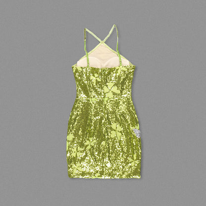 Halter Sequin Butterflies Dress Green HV1655