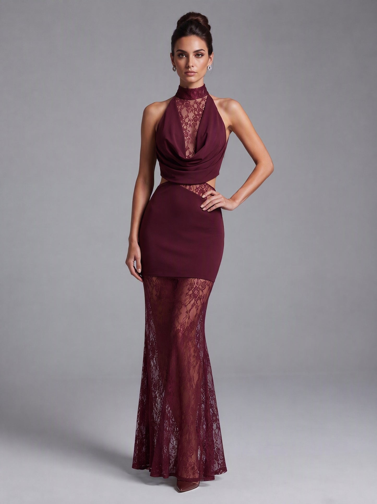 Lace Insert Draped Detail Maxi Dress Burgundy HV3215