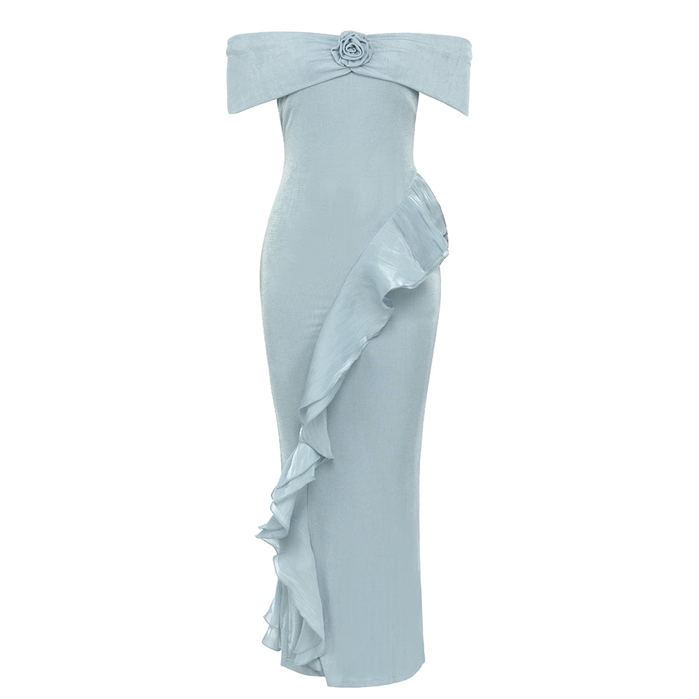 Off Shoulder Ruffle Detail Maxi Dress Light Blue HV9695