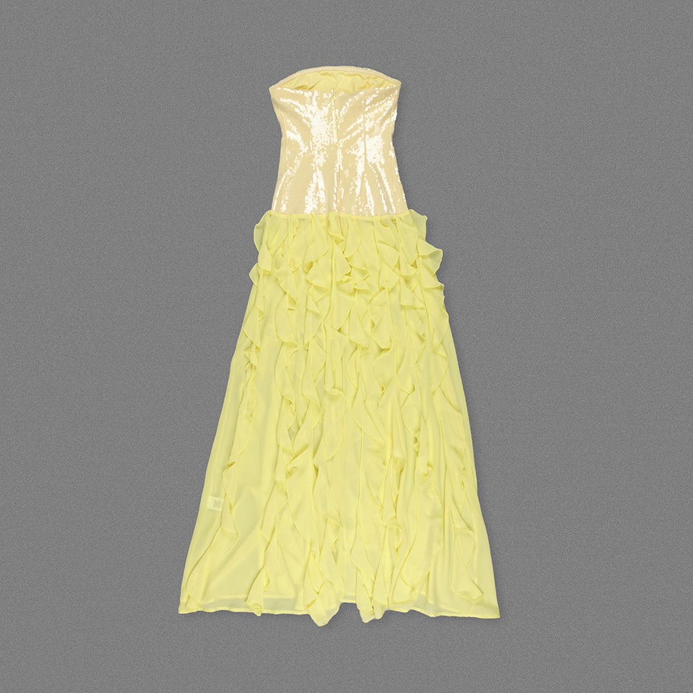 Strapless Sequin Ruffle Maxi Dress Yellow HV0047