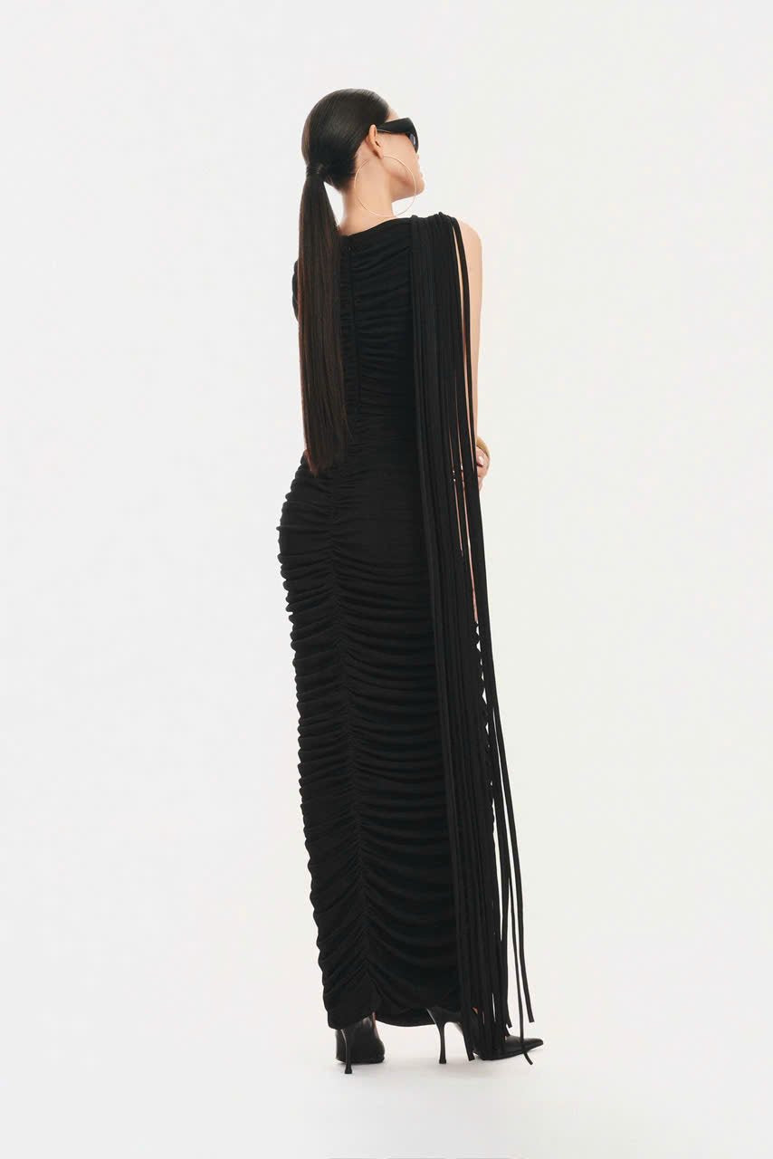 Tassel Detail Draped Maxi Dress Black HV3107