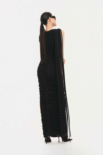 Tassel Detail Draped Maxi Dress Black HV3107