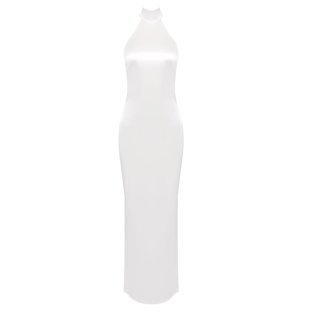 Halter Pearl Detail Backless Maxi Dress White HV1534