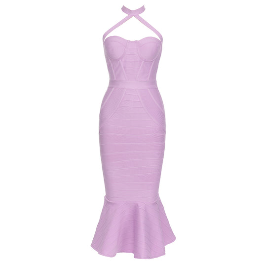 Halter Bustier Mermaid Midi Dress Lavender HV9675