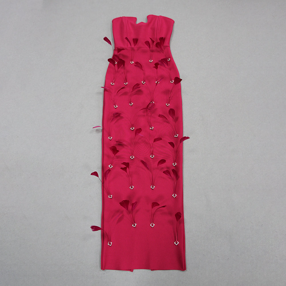 Strapless Feather Crystal Maxi Dress Hot Pink HV1393