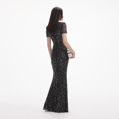 Short Sleeve Crystal Mesh Maxi Dress Black HV2209