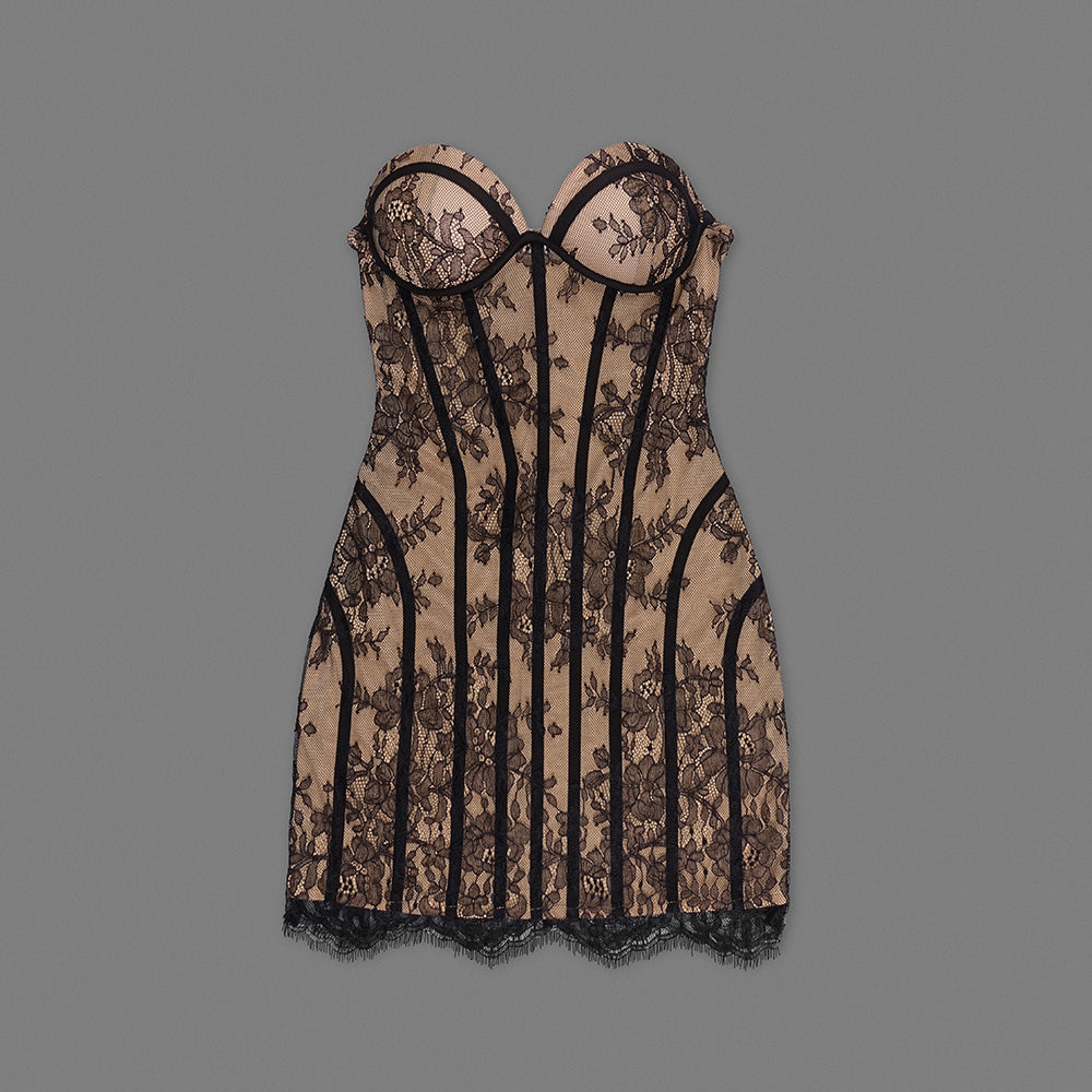 Strapless Lace Corset Dress Black Nude HV2684