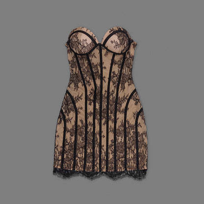 Strapless Lace Corset Dress Black Nude HV2684