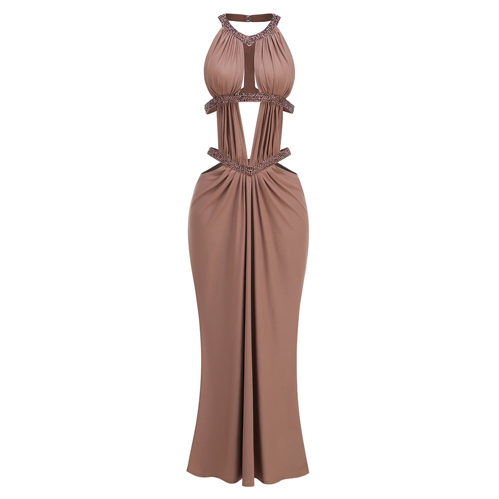 Halter Draped Cut Out Maxi Dress Brown HV3085