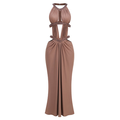Halter Draped Cut Out Maxi Dress Brown HV3085