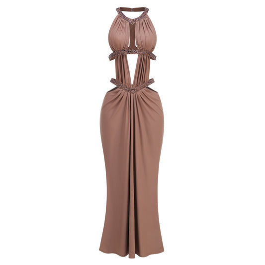Halter Draped Cut Out Maxi Dress Brown HV3085