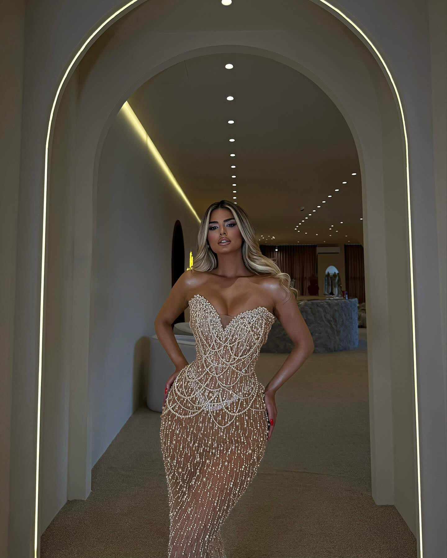 Strapless Pearl Detail Maxi Dress Nude HV2772