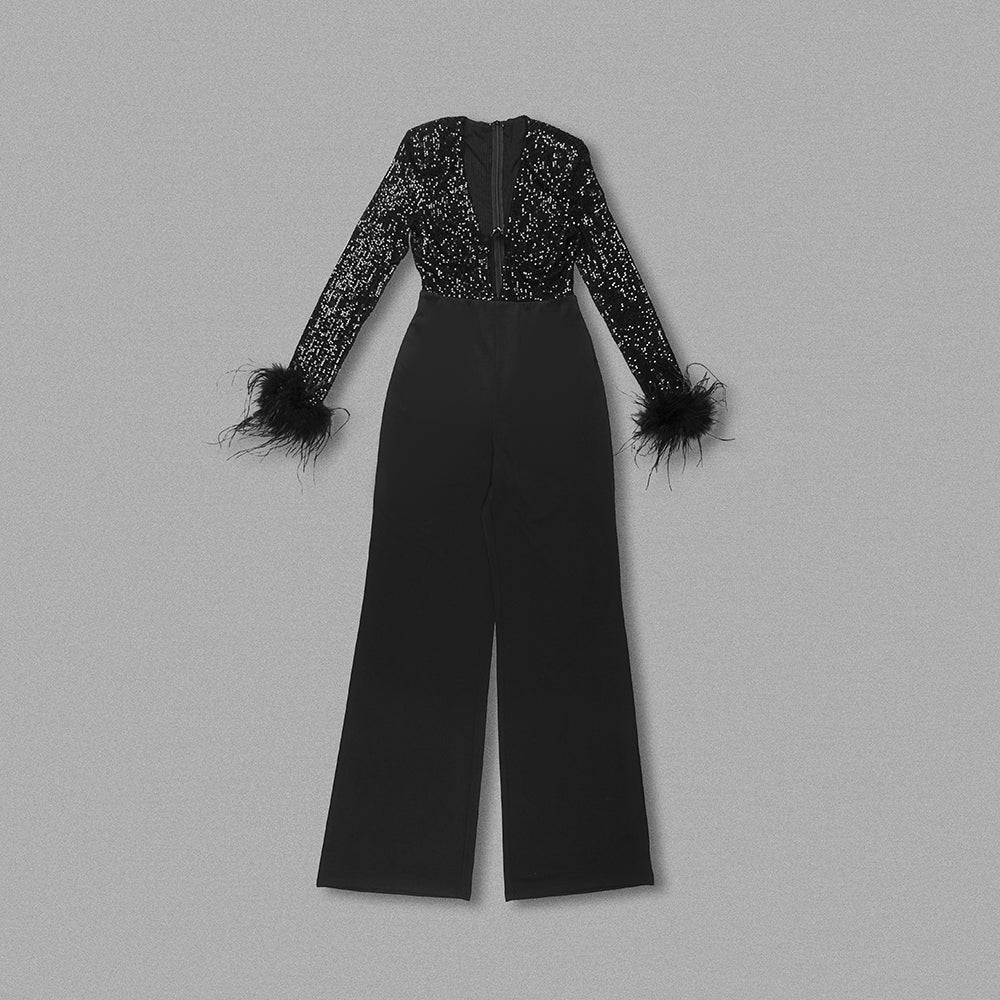 Long Sleeve Sequin Feather Jumpsuit Black HV1079