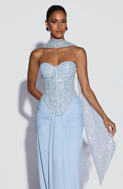 Strapless Sequin Draped Maxi Dress HV2813