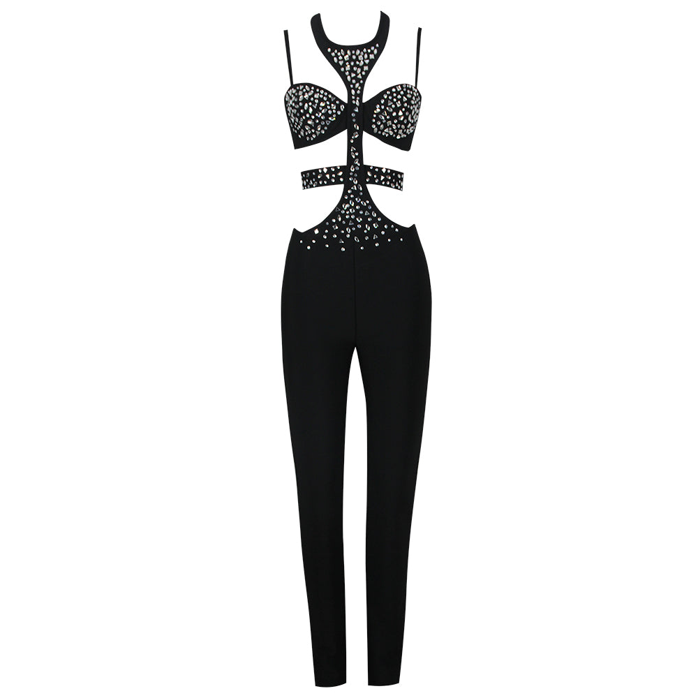 Halter Rhinestone Detail Jumpsuit Black HV9150