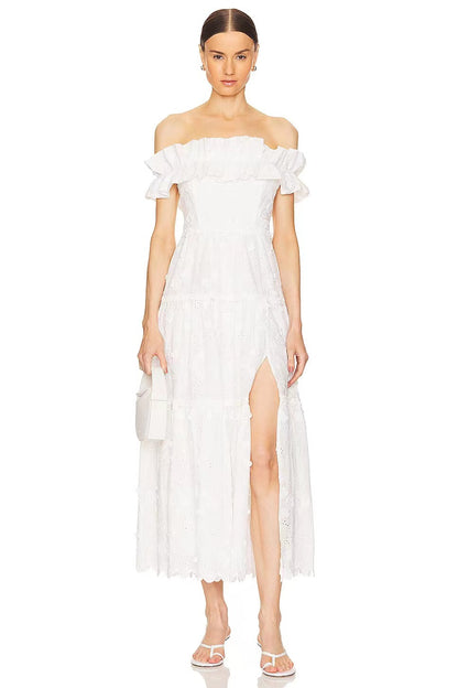 Ruffle Bardot A Line Midi Broderie Anglaise Dress White HV1407