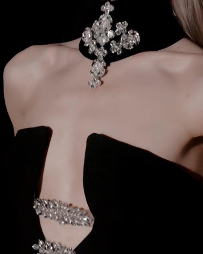 Strapless Crystal Choker Maxi Dress Black