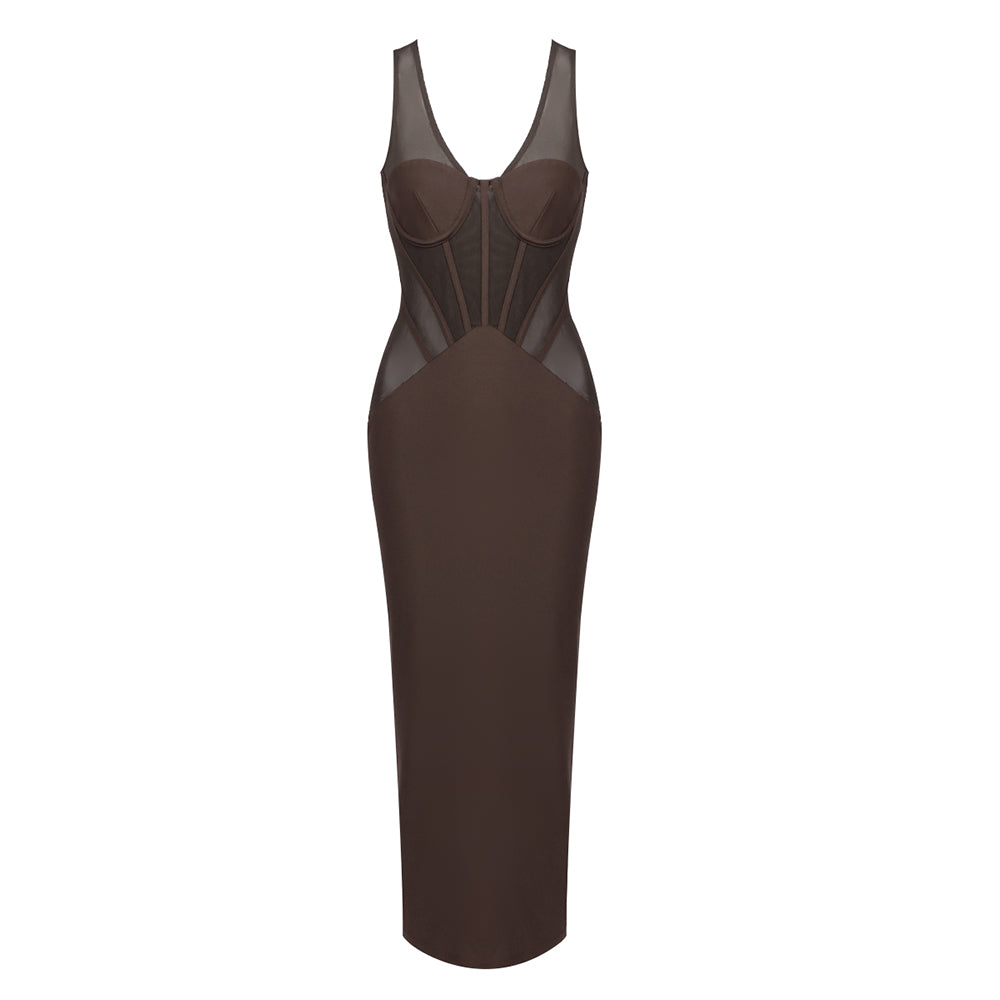 Structured Mesh Insert Maxi Dress Brown HV2687