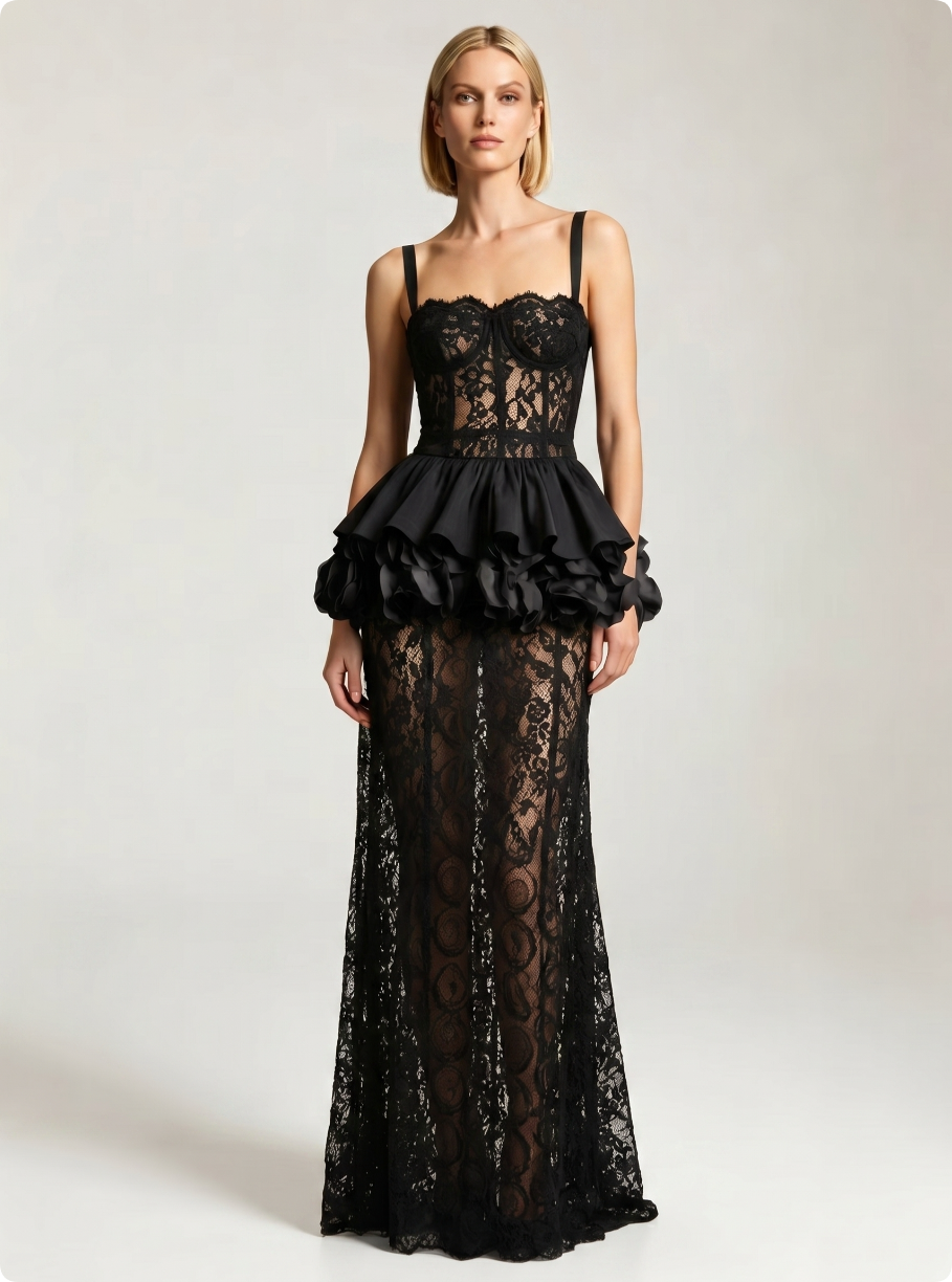 Lace Peplum Maxi Dress Black HV3202