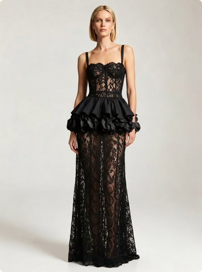 Lace Peplum Maxi Dress Black HV3202